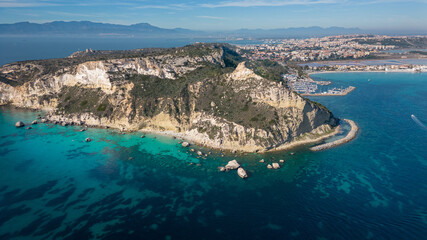 Aerial view with drone of the Sella del Diavolo in Cagliari. Sunny day, crystal clear sea with...