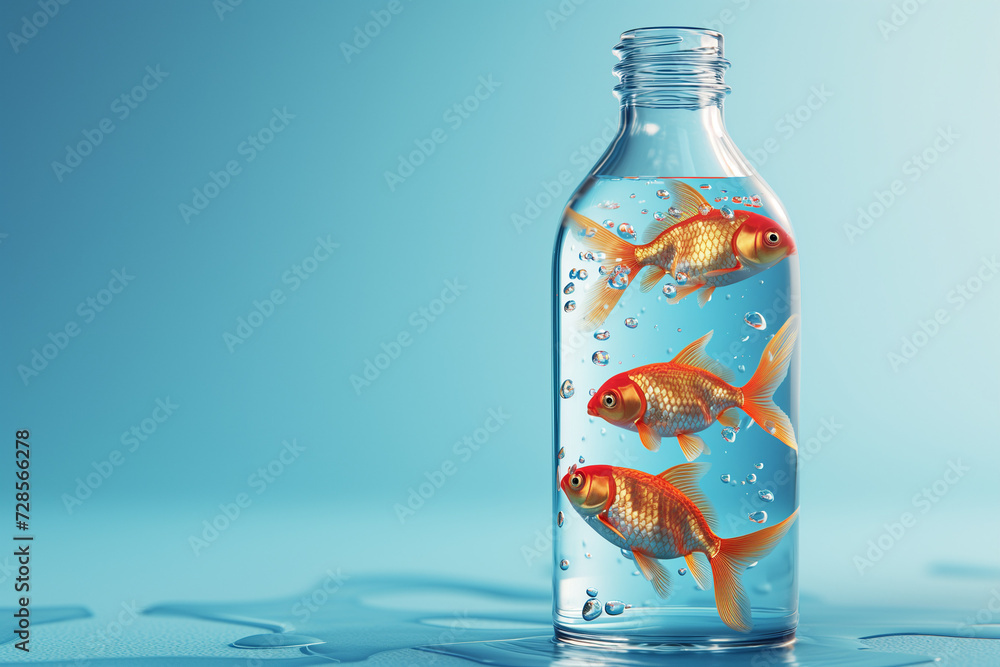 Wall mural Three goldfish swimming in a bottle. Pastel blue background. Empty copy space.