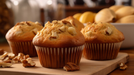 close up of delicious muffins with walnuts, a sweet and nutritious breakfast with crunchy nuts