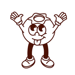 Groovy cartoon monochrome happy blueberry character with hands up. Funny retro berry waving to say Hello, blueberry mascot with tongue sticking out, sticker of 70s 80s style vector illustration