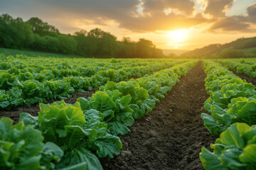 scenic view of a cabbage farm at sunset, with rows of vibrant green cabbage plants under a colorful sky. - obrazy, fototapety, plakaty
