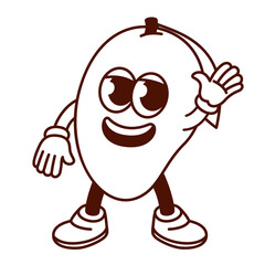 Groovy cartoon monochrome mango character waving hello or goodbye. Funny retro tropical fruit with hand up, greeting mango mascot, cartoon emoji and cool sticker of 70s 80s style vector illustration