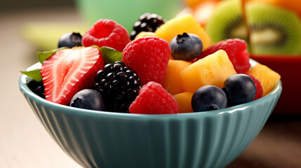 close up of fresh fruit-berry salad in the bowl, healthy breakfast