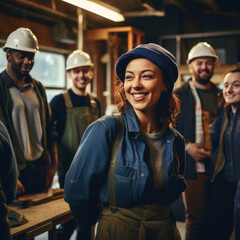 A confident female construction worker wearing a hard hat smiles in the foreground with a diverse team of colleagues behind her