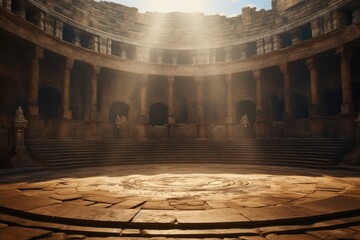 Naklejka premium Antique arena podium for battles, marble columns, dust in the air, ancient Rome