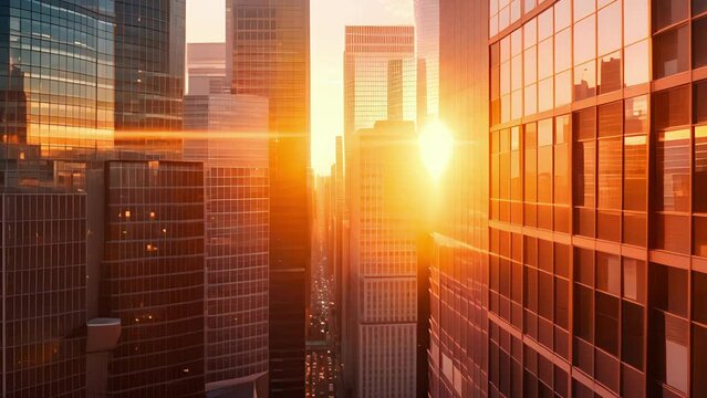 A symphony of light and shadow unfolds during the golden hour casting a beautiful glow on a network of interlocked office buildings.