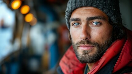 Fototapeta premium Portrait of empowered male maritime professional at work. Hard working man at the ship. Maritime concept. Work concept. Man concept. Male concept. Guy concept.