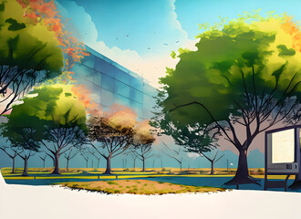 abstract colorful tree landscape with a office on digital art concept, Generative AI.