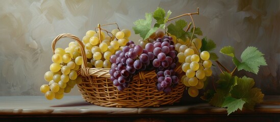 Fototapeta premium Basket holding grapes in a still-life composition.