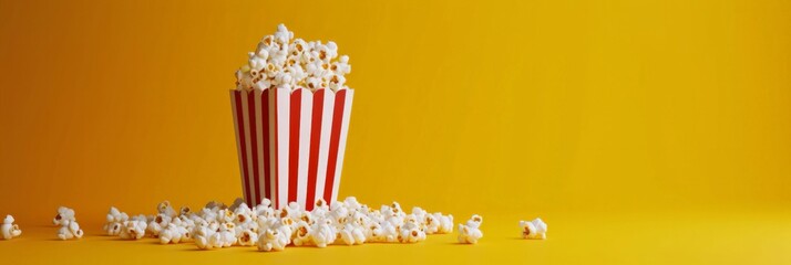 Bright yellow background with overflowing popcorn box, creating a minimalist movie enthusiasts
