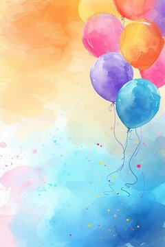 Watercolor birthday background with balloons. Greeting card with place for text
