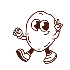 Groovy cartoon monochrome potato character with peace sign of fingers. Funny retro farm garden vegetable walking, raw potato, emoji and cartoon food sticker of 70s 80s style vector illustration