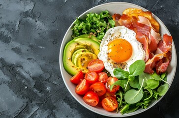 A satisfying bowl of food featuring a delicious combination of eggs, bacon, tomatoes, avocado, and other nutritious ingredients
