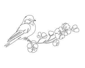 Abstract small bird perched on blooming tree branch. - 728568864