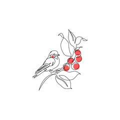 Abstract small bird perched on berries tree branch. Bird on a branch continuous one line drawing - 728568869