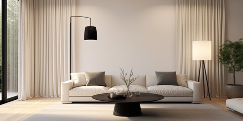 Minimalistic and refined living room with large windows covered by white curtains, spacious beige seating, contemporary coffee table, and sleek black lamp.