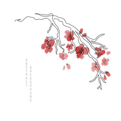Sakura branch line art, watercolor flowers isolated on white background - 728569005