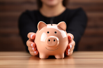 Woman hand holding piggy bank on wood table. Save money and financial investment, keeping the financial during recession concept.