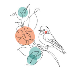 Abstract small bird perched on berries tree branch. Bird on a branch continuous one line drawing - 728569212