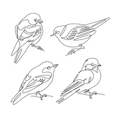 Abstract small birds perched on branch drawing. Birds set continuous one line drawing. - 728569238