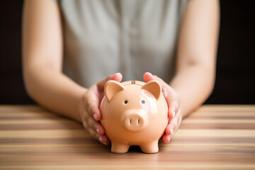Obraz na płótnie Canvas Woman hand holding piggy bank on wood table. Save money and financial investment, keeping the financial during recession concept.