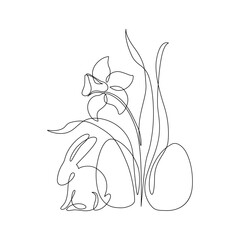 Abstract bunny, eggs, blooming narcissus flower. Easter bunny continuous one line drawing. - 728569297