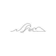 Sea waves, mountain one line drawing art. Abstract wave, tropical island continuous line. - 728569432