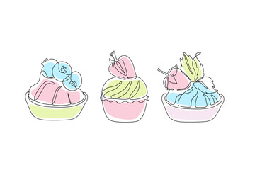 Continuous one line drawing of cake slices set with strawberries, blueberry. - 728569470