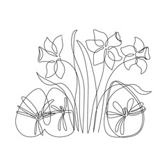 Abstract eggs, blooming narcissus flower background. Easter continuous one line drawing - 728569471