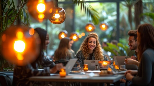 "Ambiance conviviale dans un caf&eacute; : femme souriante, amis discutant, &eacute;clairage chaleureux, atmosph&egrave;re anim&eacute;e."