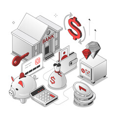 Finances and banking - red and black isometric line illustration. Financial management, investments, budget idea. Banknotes, dollar sign, piggy bank, coins, money bag, savings, economy