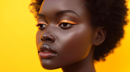 Close-up portrait of an attractive young black woman with perfect makeup and short hairstyle against yellow studio background. Beautiful African girl with charming appearance. Diversity in fashion.