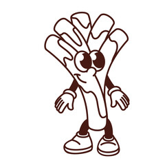 Obraz premium Groovy cartoon monochrome leek character with funny smile on cute face. Retro vegetable mascot, cartoon leek with arms and legs standing, healthy food sticker of 70s 80s style vector illustration