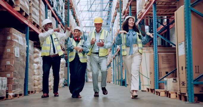 Warehouse, management and employee dancing or storage or shipping inspection as supply chain, logistics or quality control. Colleagues, package and product distribution of stock, inventory or factory