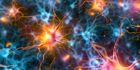 Synaptic sparks, with electric bursts of color and light, symbolizing the firing of neurons and the transmission of information in the brain - obrazy, fototapety, plakaty