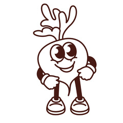 Groovy cartoon monochrome beetroot character with leaf. Funny retro root vegetable with happy face, farm harvest mascot. Cartoon food emoji, sugar beet sticker of 70s 80s style vector illustration