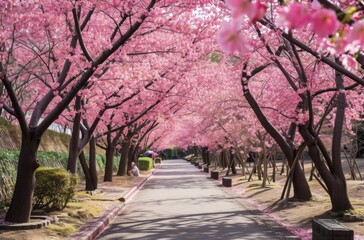 A picturesque street adorned with stunning pink-flowered trees, creating a delightful scene of natural beauty