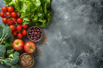 Fresh vegetables on a wooden table against a wooden background, featuring tomatoes, leafy greens, and other healthy, ripe produce, embodying nature's bounty and promoting a wholesome diet