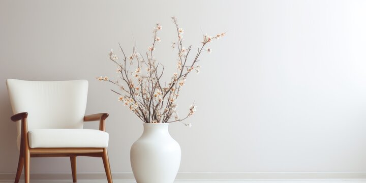 Twig in vase in living room with stylish white chair.