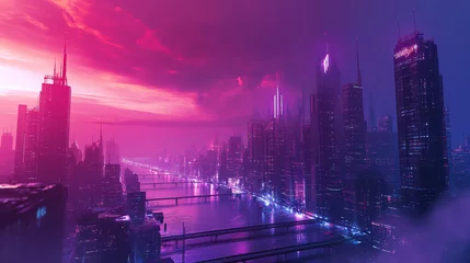 Foto op Canvas Ethereal Paradise: The Enchanting Pink and Purple Sky of a Futuristic Cityscape © Ilugram