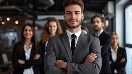 Portrait of young businessman standing in office with his colleagues in the background