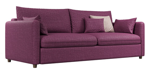 Modern and luxury pink sofa with pillows isolated on white background. Furniture Collection. 