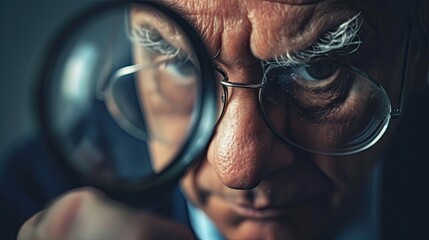 Portrait of an elderly man looking through a magnifying glass