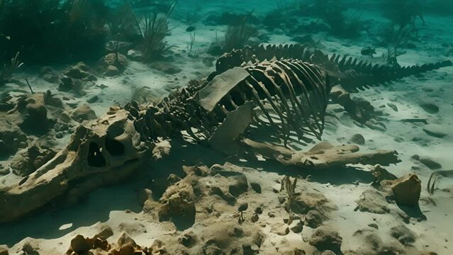 The partially decayed remains of a Plesiosaur can be seen resting on the ocean floor its skeleton now providing a home for a variety of sea creatures within the bustling coral