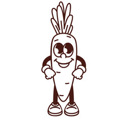 Groovy cartoon monochrome carrot character with cheerful face and leaf. Funny retro root vegetable with friendly expression, happy carrot mascot, cartoon food sticker of 70s 80s style vector