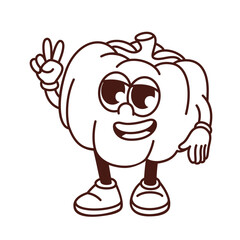Groovy cartoon monochrome pumpkin character with V fingers. Funny retro orange vegetable with peace and love gesture, pumpkin mascot, cartoon food sticker of 70s 80s style vector illustration