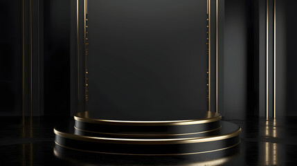black podium with gold accents on the edge of the podium background - obrazy, fototapety, plakaty