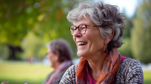 Image of a smiling elderly woman in a park surrounded by nature. Show love and happiness together during retirement.
