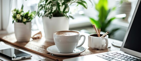 Blogger or freelancer's workplace with Dalgona coffee and work essentials.