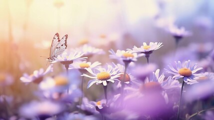 realistic photo Beautiful wildflowers chamomile, purple peas, butterfly in morning mist in nature macro close-up. generative ai
